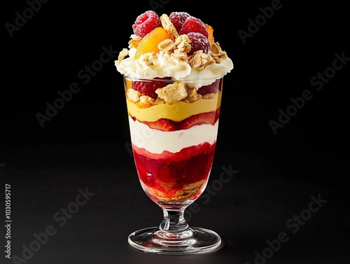 A colorful dessert parfait layered with fruits, cream, and crunchy toppings, served in a tall glass.