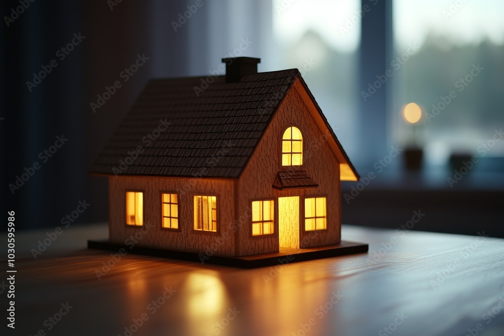 Cozy Model House with Illuminated Windows Creating a Warm Atmosphere Cozy Model House with Illuminated Windows Creating a Warm Atmosphere