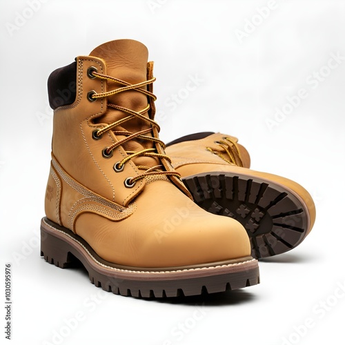 A Pair of Sturdy Yellow Work Boots Stand Ready for Action. photo