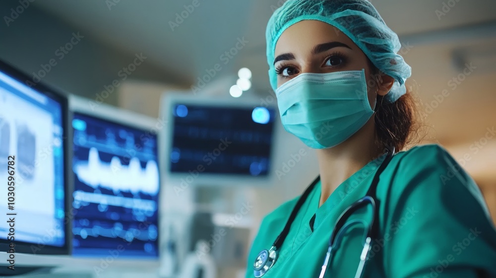 Confident Female Surgeon in Surgical Mask and Cap in Hospital Operating Room with Medical Equipment. Confident Female Surgeon in Surgical Mask and Cap in Hospital Operating Room with Medical Equipment.