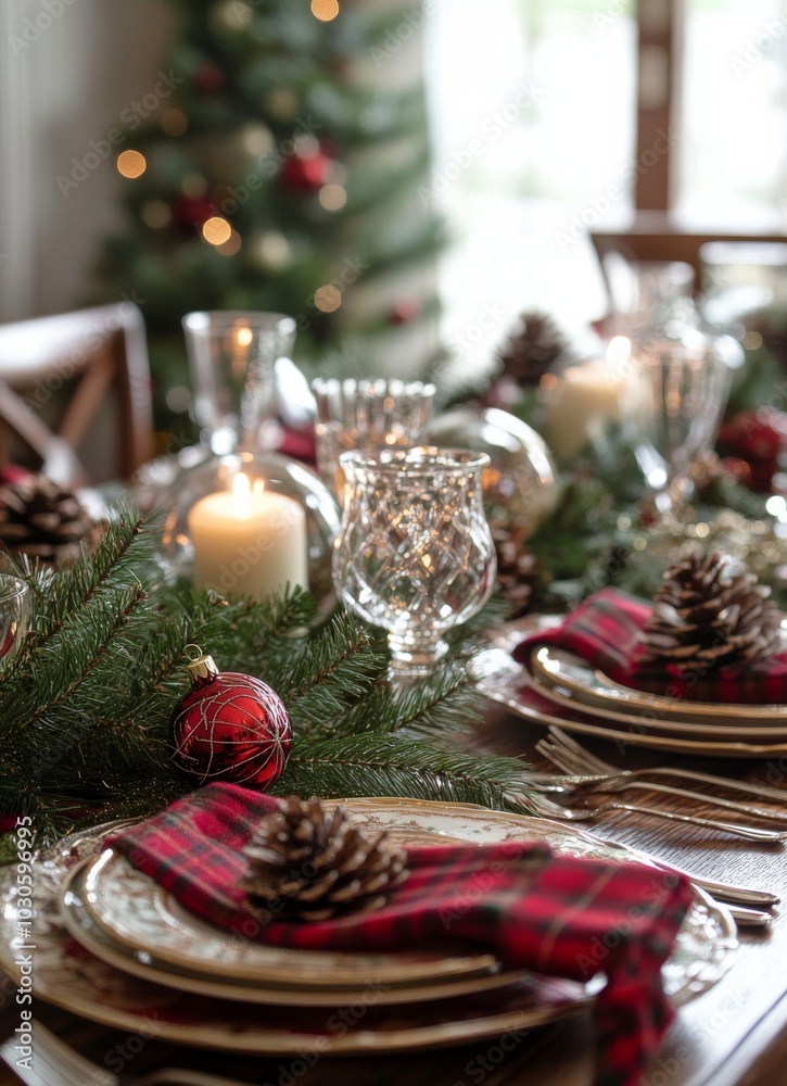 Elegant holiday dining table setup with candles and pine decorations in a cozy setting Elegant holiday dining table setup with candles and pine decorations in a cozy setting