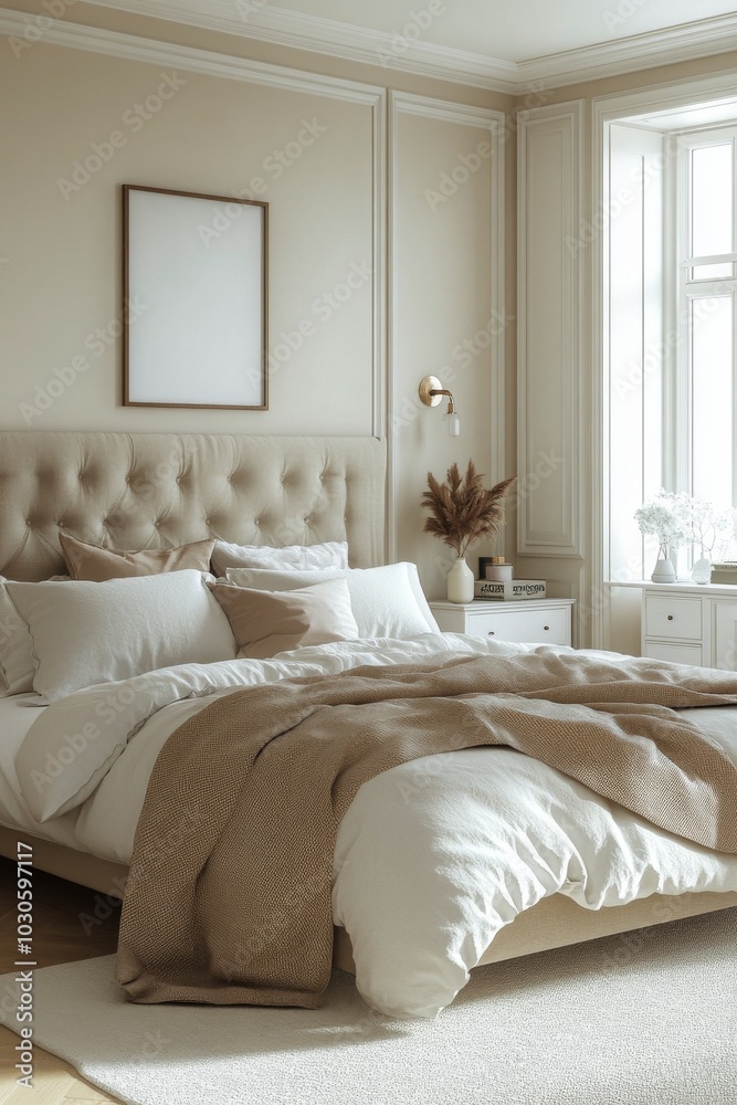 Cozy bedroom with neutral decor, soft linens, and natural light shining through the window Cozy bedroom with neutral decor, soft linens, and natural light shining through the window