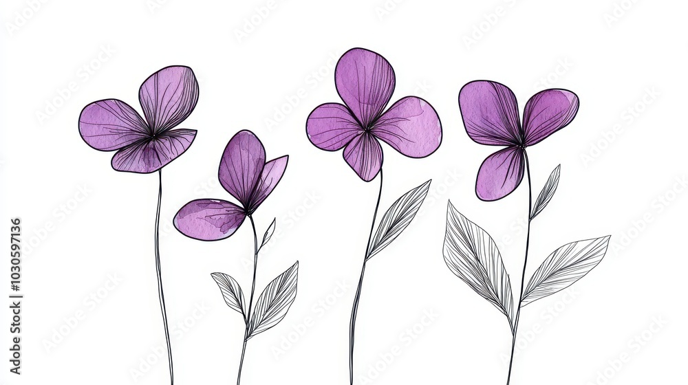 Naklejka premium A hand-drawn illustration of sweet violets, beautifully detailed with soft, delicate lines and purple tones,isolated against white background. Ideal for botanical, nature, and floral design themes.