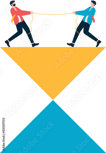 Conflict, business or professional rivalry, office politics, unbalanced and unstable political or business relationships, tug-of-war between two businessmen on an unsteady triangular surface

