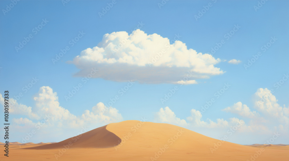 A lone, softly detailed cloud hovers over a sharply defined sand dune, evoking a sense of isolation and serenity A lone, softly detailed cloud hovers over a sharply defined sand dune, evoking a sense of isolation and serenity