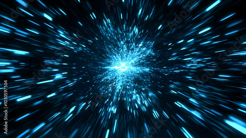 Abstract 3D Rendering of Blue Light Streaks Radiating Outwards From a Central Point in a Black Background