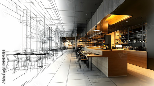 A 3D Rendering of a Restaurant Design with Wireframe Overlay Illustrating a Modern Bar Interior with Wooden Counters, Black Metal Shelving, and Sleek Lighting.