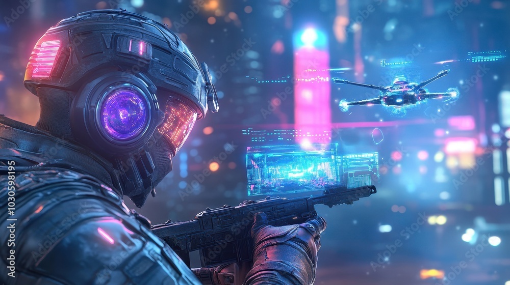 Drone-assisted soldier in cyber city warzone, neon lights and advanced tech, sci-fi urban combat Drone-assisted soldier in cyber city warzone, neon lights and advanced tech, sci-fi urban combat