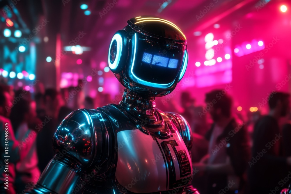 Futuristic Robot in Neon Lights at Nightclub Futuristic Robot in Neon Lights at Nightclub