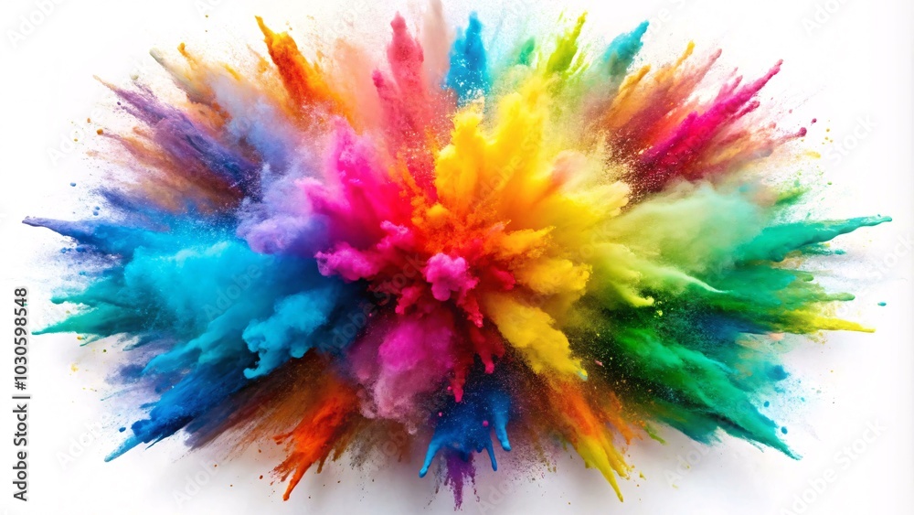 The image shows a vibrant explosion of colorful powder, with shades of blue, purple, pink, orange, yellow, and green creating a visually captivating burst of color against a white background. The image shows a vibrant explosion of colorful powder, with shades of blue, purple, pink, orange, yellow, and green creating a visually captivating burst of color against a white background.
