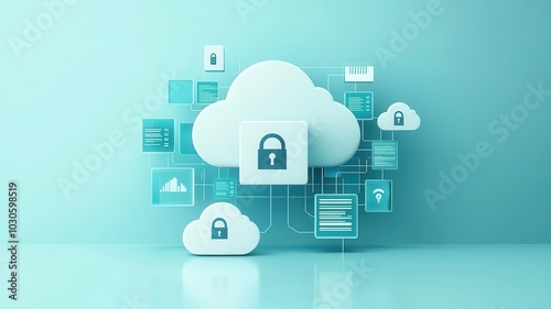 Privacy data storage cloud concept. Protected cloud network, encrypted data flow.