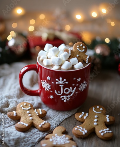 Warm holiday joy with hot cocoa and gingerbread cookies on a cozy winter morning photo