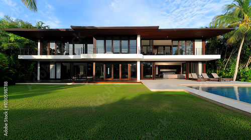 A tropicalstyle home with open rafters and wide eaves to shield from the sun while letting in breezes