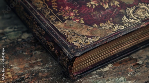 The cover of the book is a deep burgundy color with faded gold lettering and designs. As the book is od the spine reveals a delicate floral pattern hinting at the beauty that lies within photo