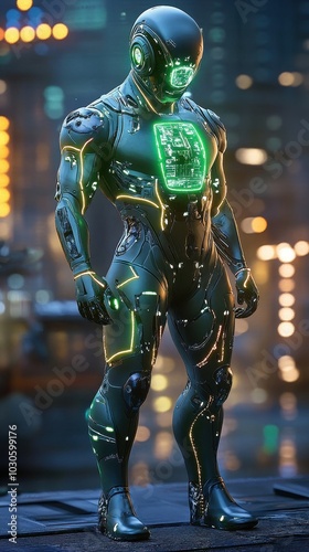 Futuristic combat suit, holographic interface, urban night environment