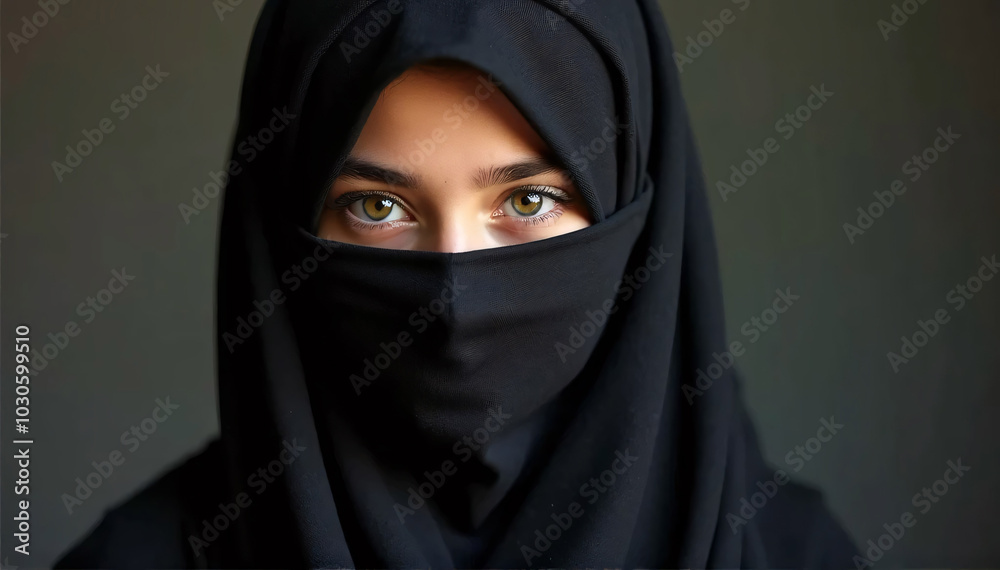 Captivating an adolescent Muslim girl wearing a headscarf looks at him with warmth. Eastern women dressed traditionally in closed garments. complete inability to recognize individuals. Eastern women's Captivating an adolescent Muslim girl wearing a headscarf looks at him with warmth. Eastern women dressed traditionally in closed garments. complete inability to recognize individuals. Eastern women's