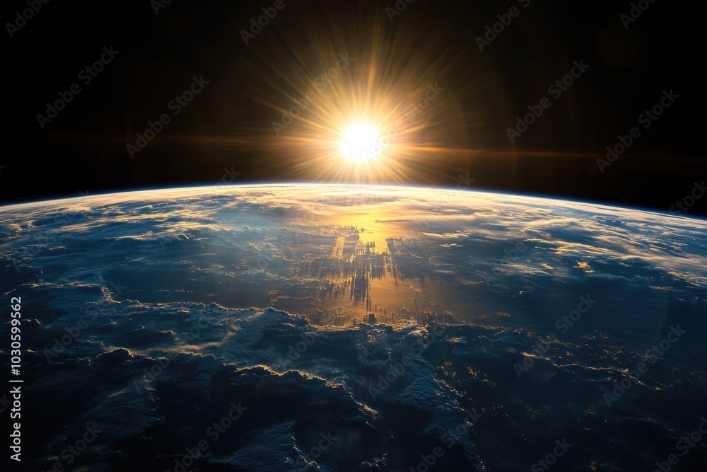 Earth from space, black background, sunrise on the horizon. Earth from space, black background, sunrise on the horizon.