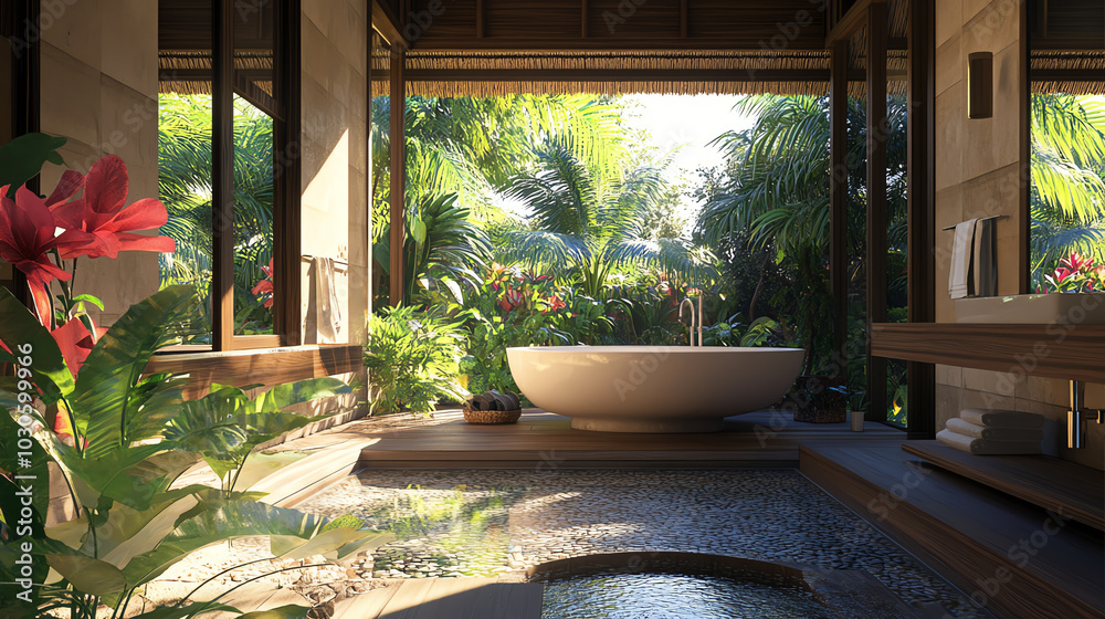 Design a tropical house with a focus on outdoor showers and bathtubs for a luxurious island feel Design a tropical house with a focus on outdoor showers and bathtubs for a luxurious island feel