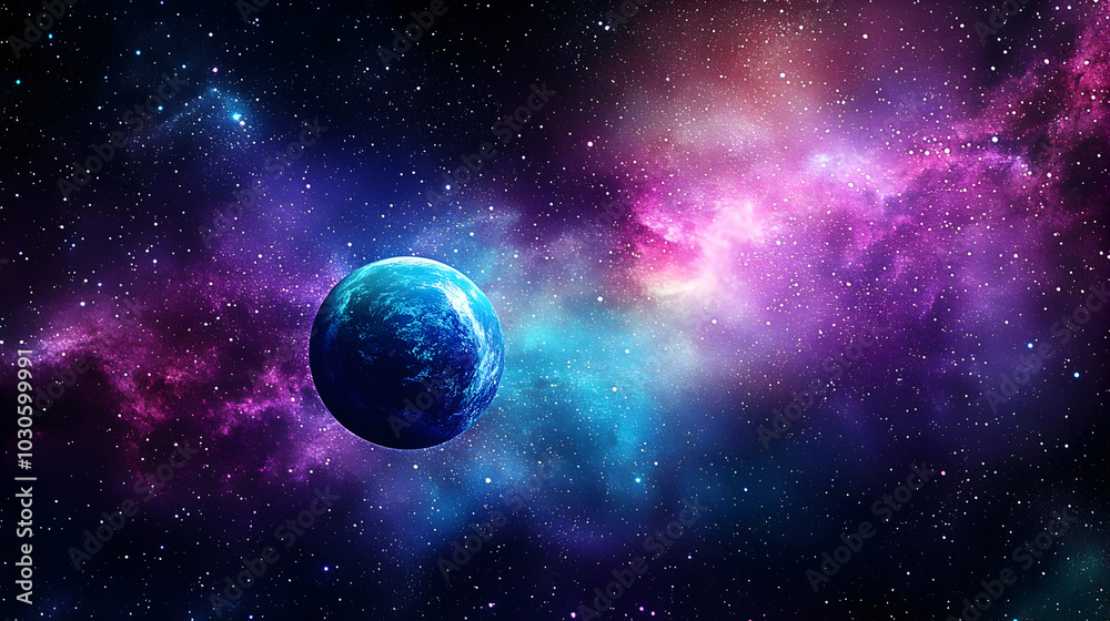 A Vibrant Blue Planet Floating in a Cosmic Sea of Stars and Nebulae A Vibrant Blue Planet Floating in a Cosmic Sea of Stars and Nebulae