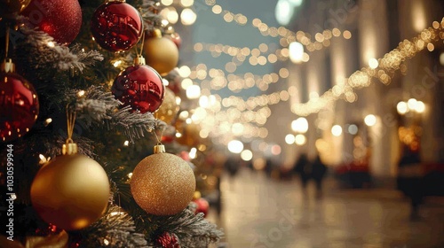 Festive Christmas tree adorned with ornaments and shimmering lights during a snowy winter evening