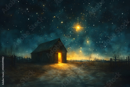 A small, old barn is lit up by a single star. The scene is set in a field at night, with a clear sky and a few stars visible. The barn appears to be the only structure in the area