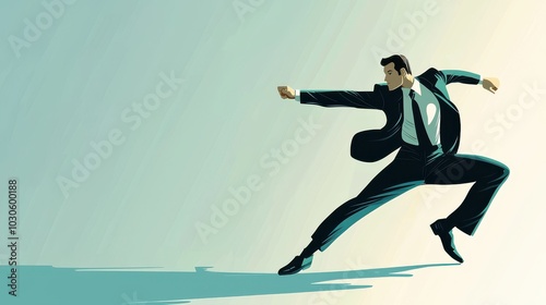 Business professional dressed in a sleek suit with ninja-like agility posing confidently