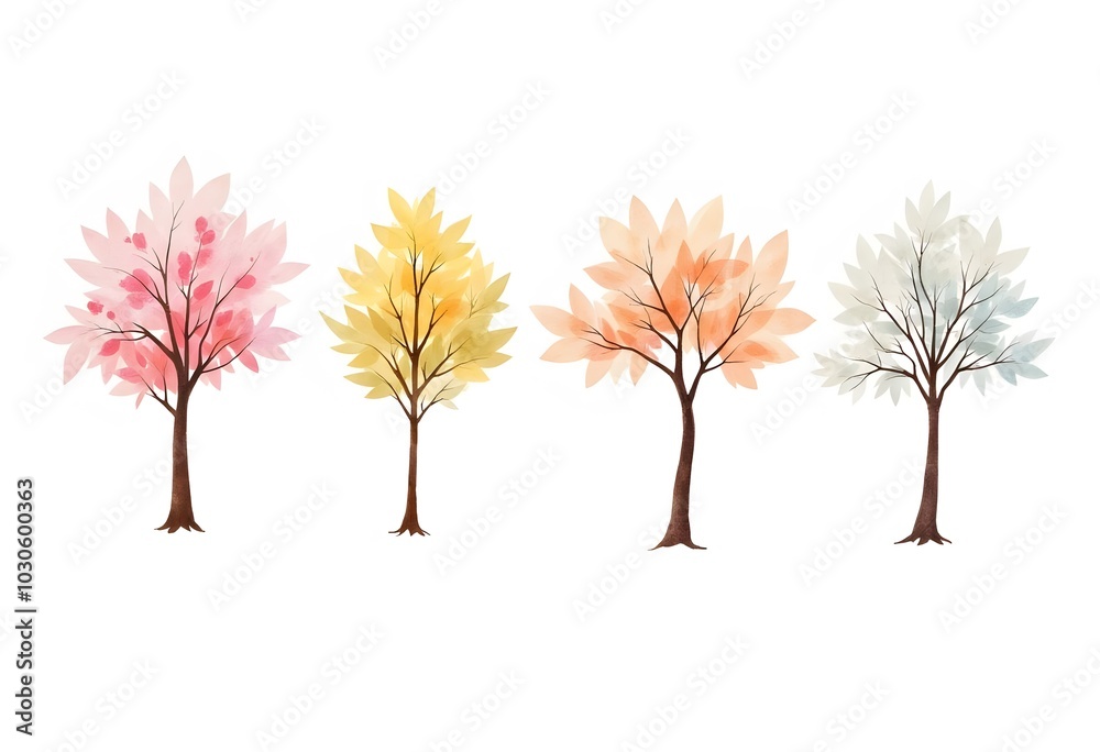 Fototapeta premium Collection of plants with colorful foliage. Symbols of four seasons. Tree at spring, summer, autumn and winter. Cartoon flat vector illustrations isolated on white background