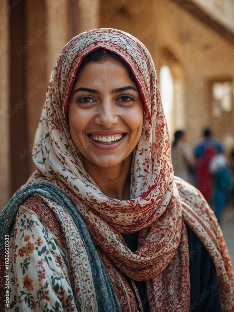 Middle-aged Middle Eastern woman with dark hair wearing colorful patterned hijab, smiling warmly at camera Middle-aged Middle Eastern woman with dark hair wearing colorful patterned hijab, smiling warmly at camera