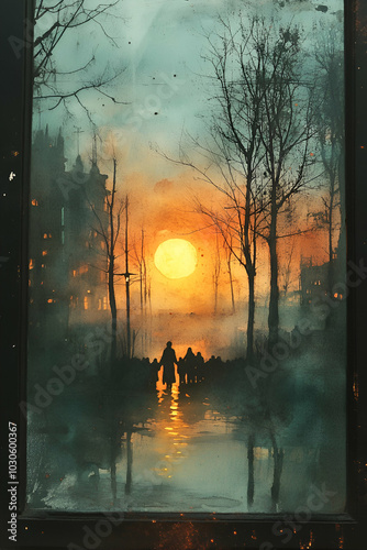 A painting of a group of people walking in a forest with a large yellow sun in the background