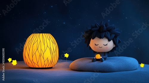 A cute character meditating peacefully beside a glowing lamp on a calm night. photo