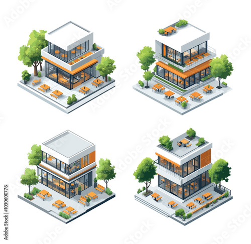Cafe bistro buildings isometric vector set. Cafeteria plants trees benches tables outside veranda espresso bar, modern exterior restaurant facade quick service fast food, coffee shop urban breakfast