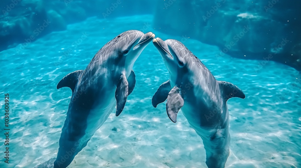 Fototapeta premium Two Dolphins Touching Noses Underwater.