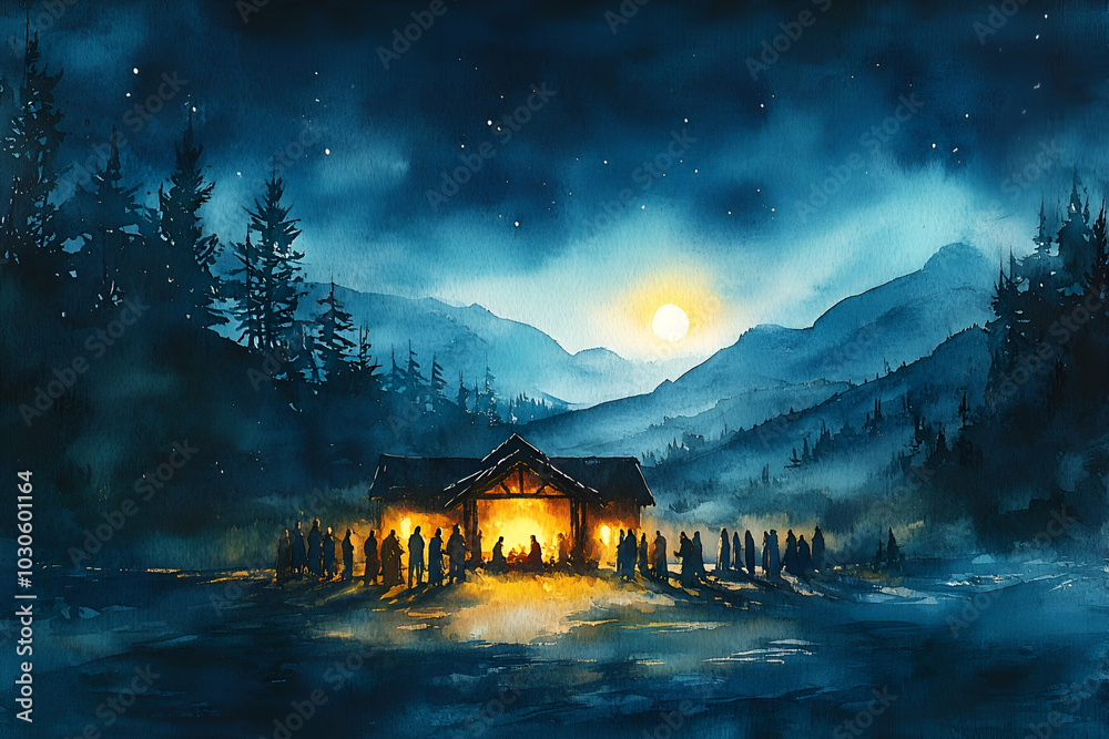 Fototapeta premium A painting of a group of people gathered around a small cabin in the woods. The painting has a peaceful and serene mood, with the people sitting around a fire and the cabin providing a sense of warmth