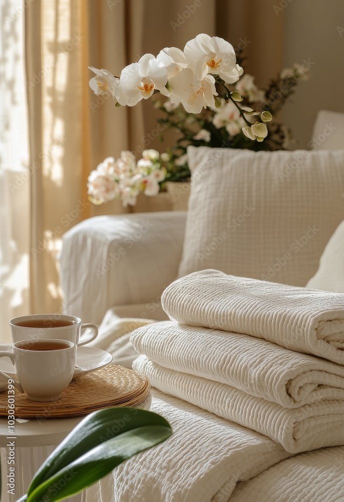 Cozy living room with fresh flowers, tea, and soft blankets in warm natural light Cozy living room with fresh flowers, tea, and soft blankets in warm natural light