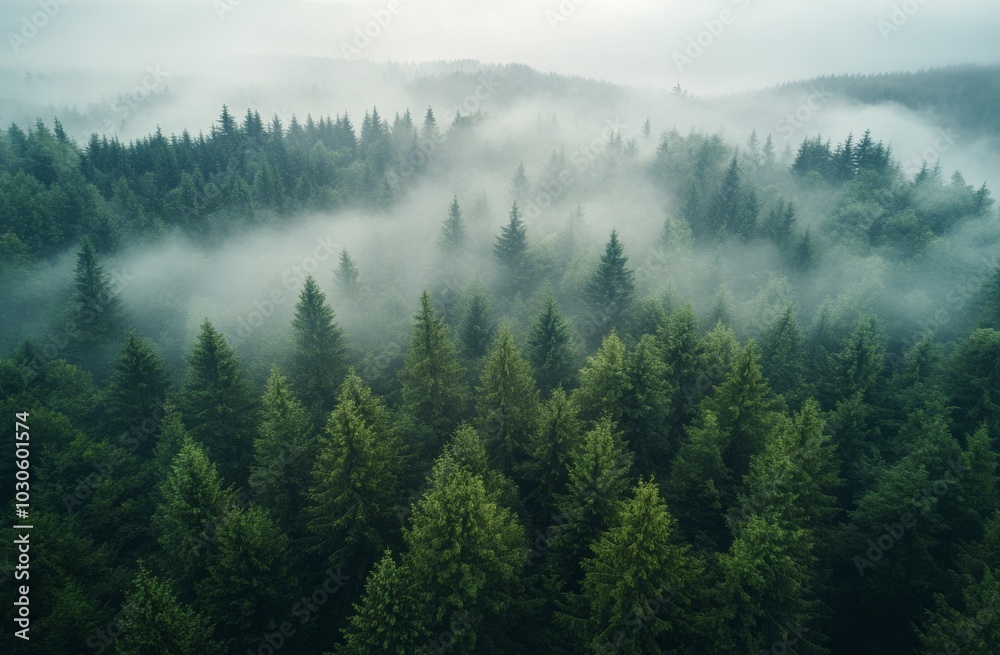 Misty morning in a lush green forest with tall trees and soft light illuminating the landscape Misty morning in a lush green forest with tall trees and soft light illuminating the landscape
