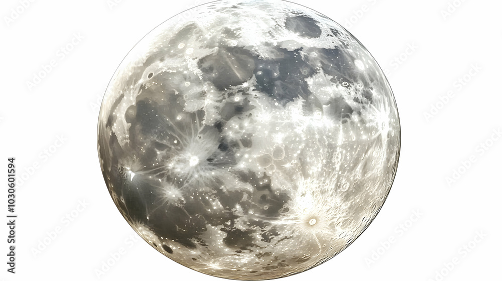 Obraz premium Detailed Illustration of the Moon with Craters and Surface Features on a White Background