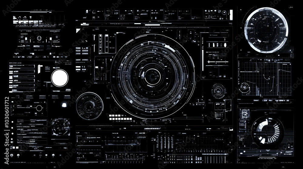 Futuristic Digital Interface with White Glowing Lines on a Black Background Displaying Various Information Futuristic Digital Interface with White Glowing Lines on a Black Background Displaying Various Information