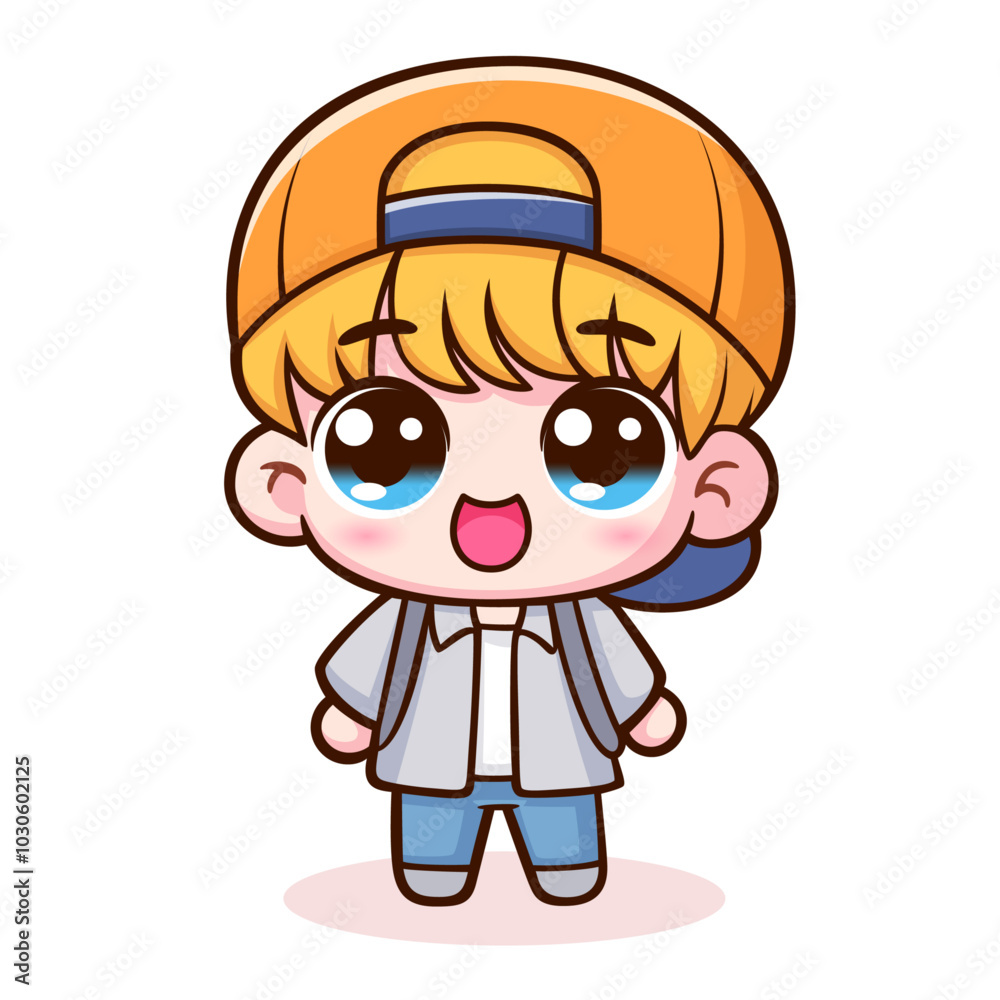 Cartoon cute little boy wearing a cap smiling happily, vector cartoon illustration Cartoon cute little boy wearing a cap smiling happily, vector cartoon illustration