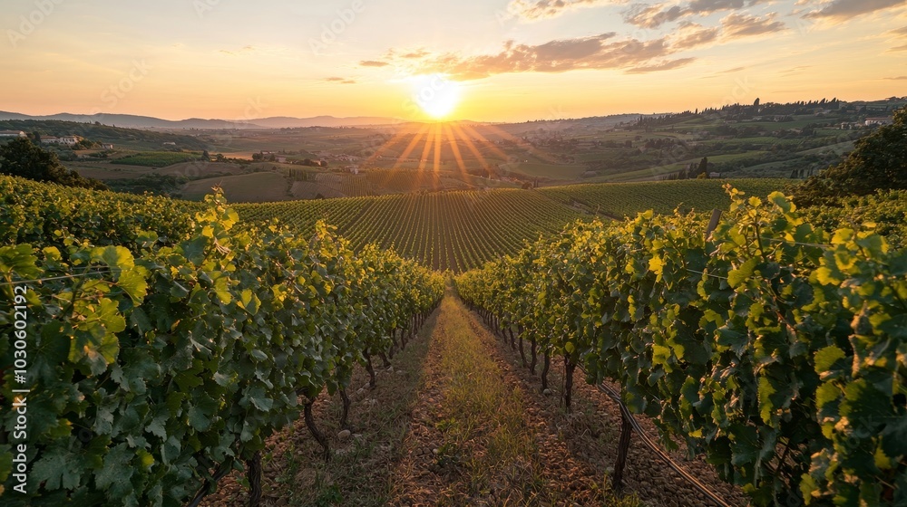 Fototapeta premium Travel and Wine Tourism Scene with a Sunrise Over Rolling Hills and Vineyards in Tuscany, Italy - An idyllic countryside landscape in bloom with sunlit vines and a traditional farmhouse