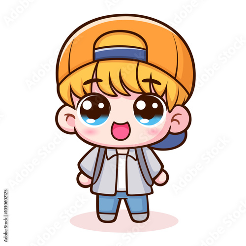 Cartoon cute little boy wearing a cap smiling happily, vector cartoon illustration