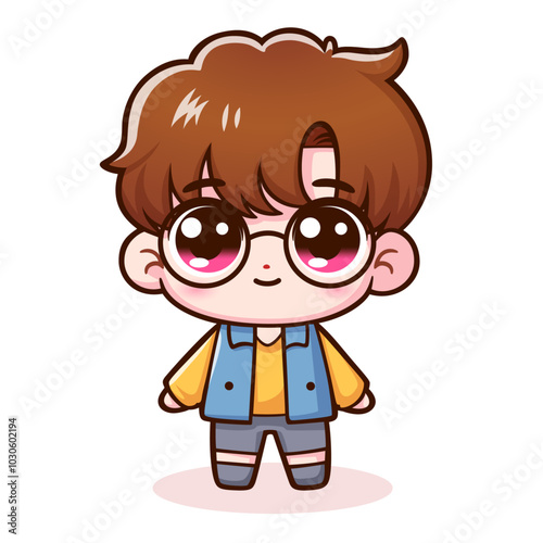 Cartoon cute little boy wearing glasses smiling happily, vector cartoon illustration