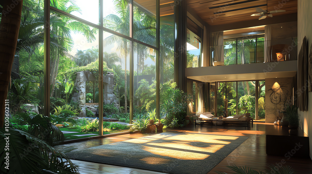 A tropicalstyle house with a garden courtyard and floortoceiling windows to enjoy the view A tropicalstyle house with a garden courtyard and floortoceiling windows to enjoy the view