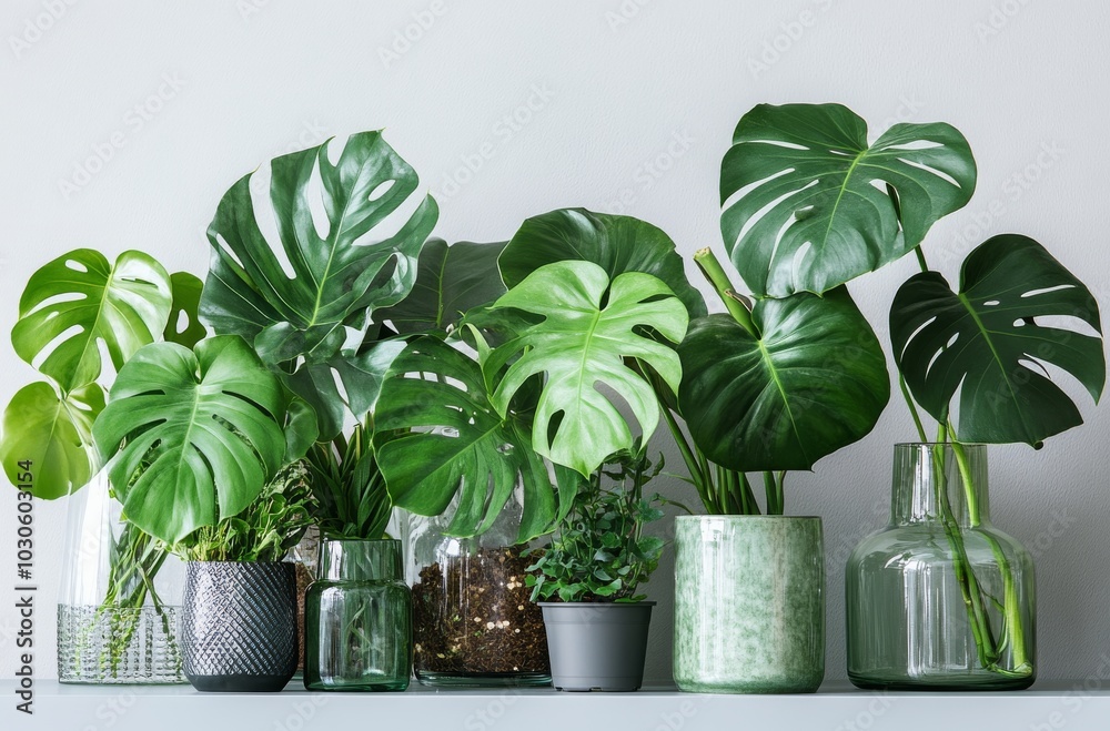 Lush green plants in stylish pots enhancing modern interior decor in a bright room Lush green plants in stylish pots enhancing modern interior decor in a bright room
