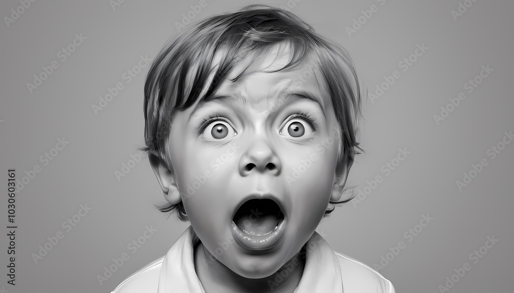 Surprised young boy with wide open eyes and mouth in a dramatic black and white portrait Surprised young boy with wide open eyes and mouth in a dramatic black and white portrait