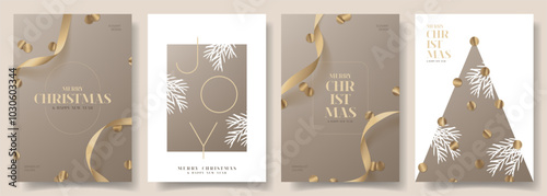 Set of Christmas and New Year elegant posters. Trendy vector illustration with satin ribbons, golden confetti and typography design. Minimalist New Year flyers for ads, cover, party, social media.