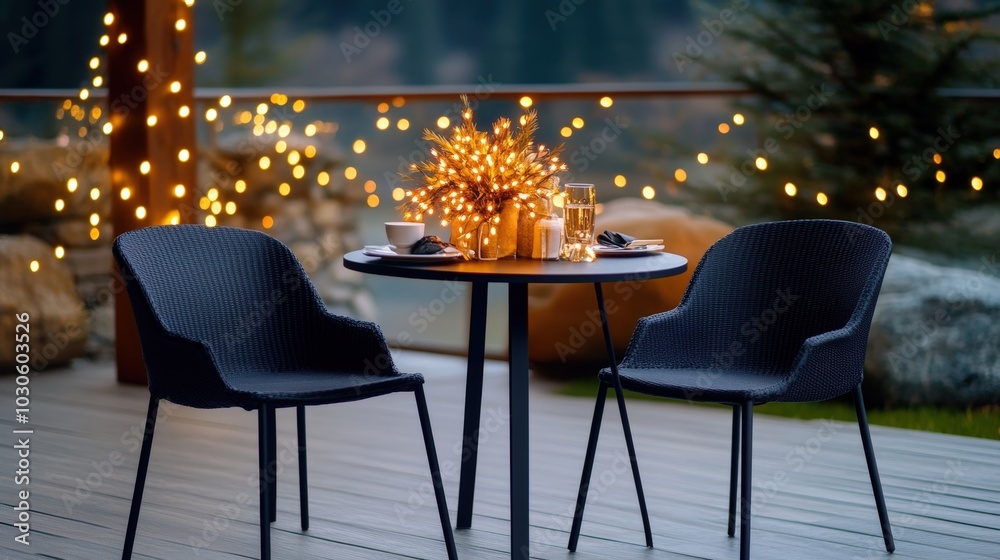 Obraz premium Charming outdoor seating area with lights, table, and chairs, inviting atmosphere.