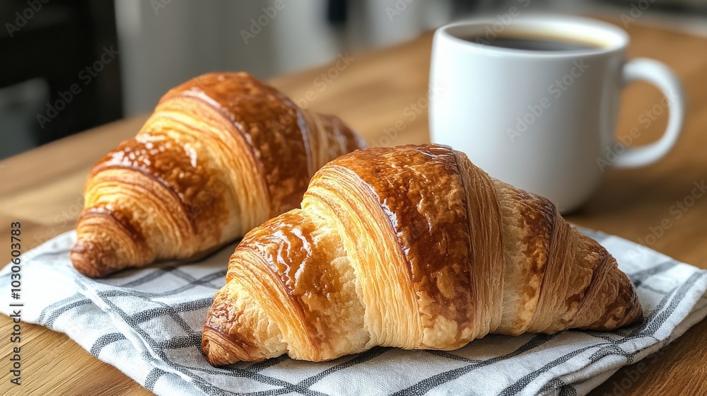 Freshly baked croissants served with coffee on a rustic wooden table in a cozy kitchen Freshly baked croissants served with coffee on a rustic wooden table in a cozy kitchen