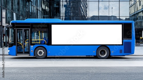 On the side of Madrid's blue city bus is a large area for branding or advertising photo