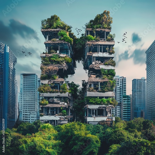 Frontal view dystopian cityscape, nature intertwining with crumbling skyscrapers, vibrant wildlife thriving among ruins photo