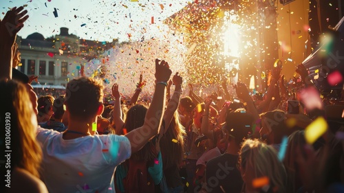 Festival crowd celebrating with confetti